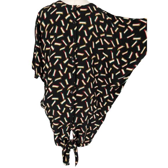 Vintage 80s Warren Z Dress Dolman Back Button Geometric Pattern Tie Up Disco Med - Picture 3 of 16